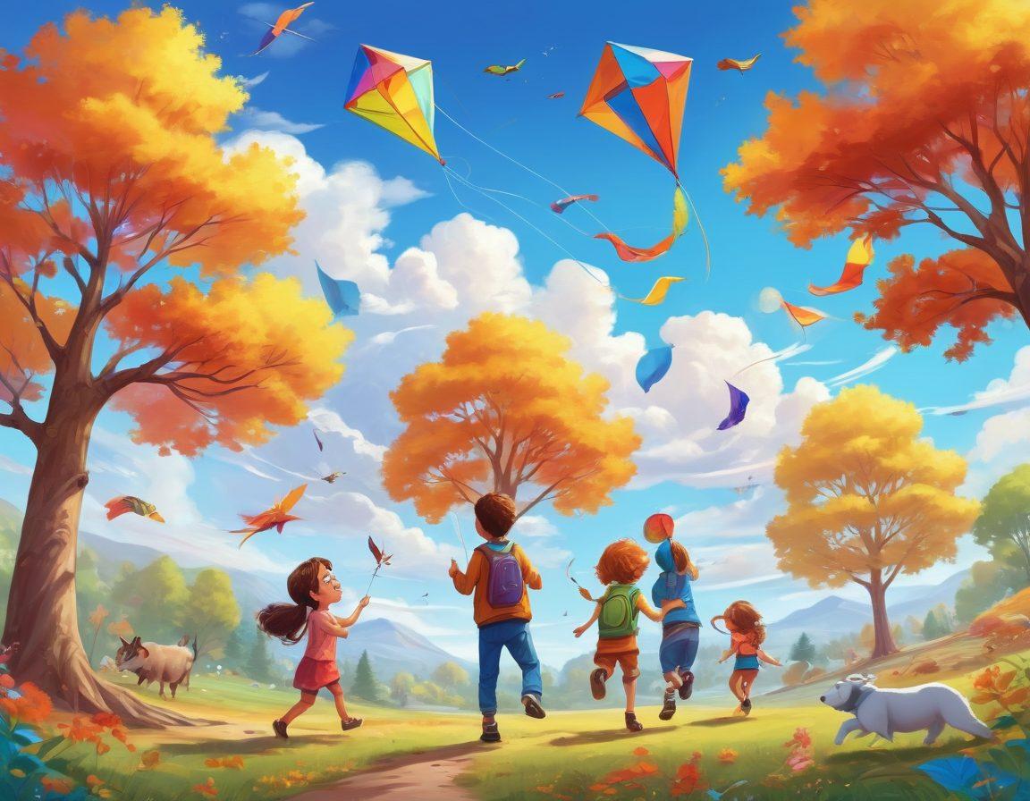 A vibrant outdoor scene featuring children joyfully engaging in various playful activities like kite flying, treasure hunting, and nature exploration. The background features colorful trees, a blue sky with fluffy clouds, and playful animals supporting the theme of discovery and learning. Include diverse children laughing and collaborating, embodying a sense of adventure and curiosity. bright colors. cartoon style.