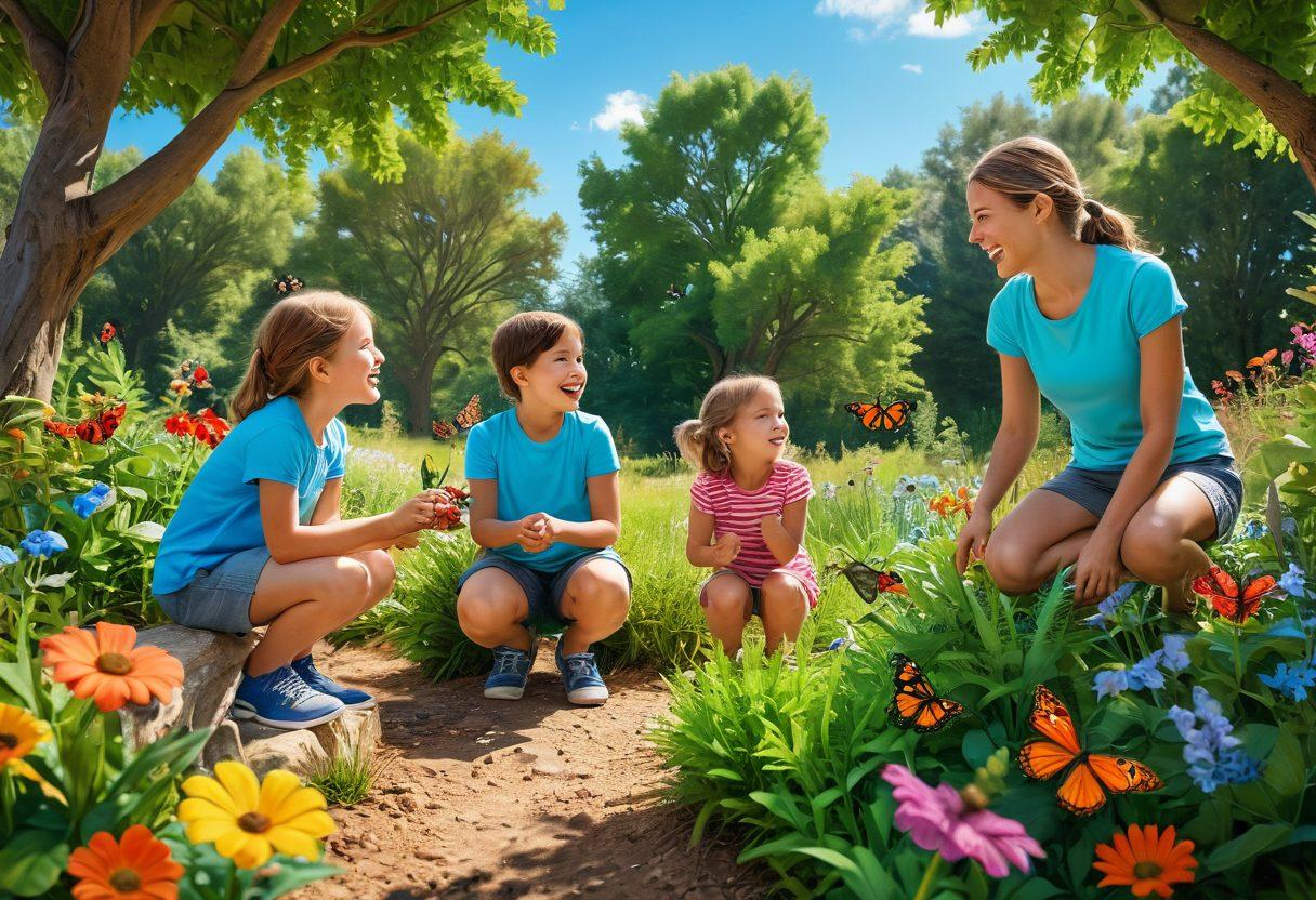 A whimsical outdoor scene featuring children exploring nature, discovering insects and plants, with a parent guiding them. The setting includes vibrant greenery, colorful flowers, and a clear blue sky, emphasizing curiosity and connection with nature. Children are laughing and pointing at various discoveries, showcasing a sense of wonder and engagement. super-realistic. vibrant colors. 3D.