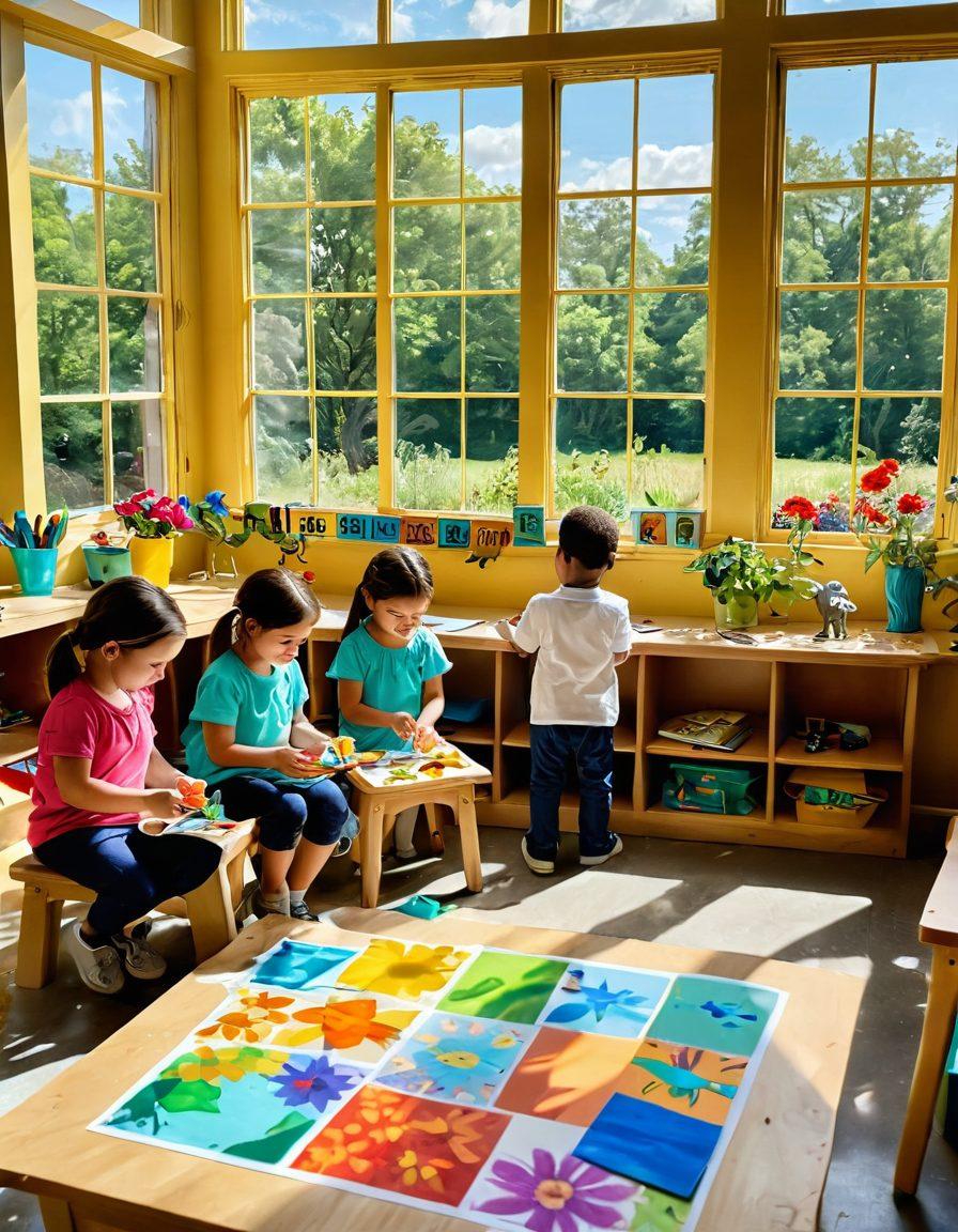A vibrant, whimsical classroom filled with children engaged in various hands-on activities like painting, building with blocks, and exploring nature. Include a large window showing a sunny day outside with colorful flowers and a playful garden. Add elements of curiosity like magnifying glasses and books scattered around. The atmosphere should be lively and inspiring, embodying the essence of exploration and learning. super-realistic. vibrant colors. bright background.